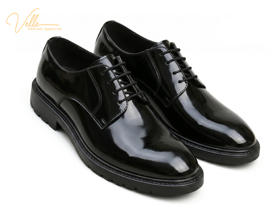 VELLE Patent Leather Derby Shoes – Gloss Black