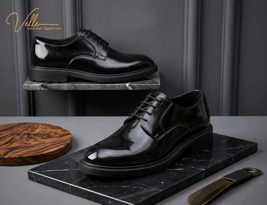 VELLE Patent Leather Derby Shoes – Gloss Black