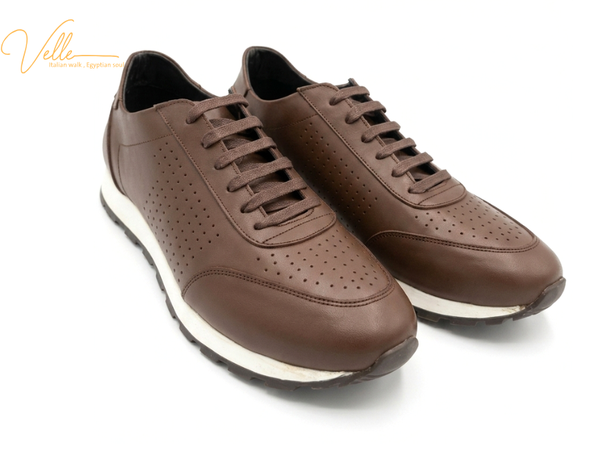 VELLE Perforated Leather Casual Sneakers - Chocolate Brown