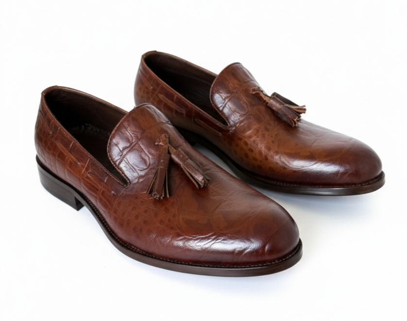 vellè Premium Croc-Embossed Tassel Loafers - Rich Chestnut