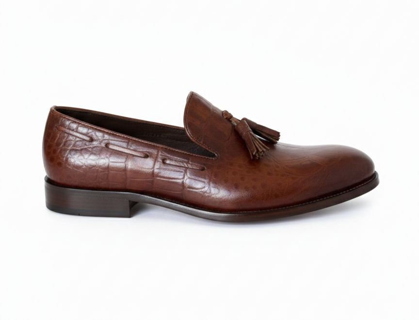 vellè Premium Croc-Embossed Tassel Loafers - Rich Chestnut