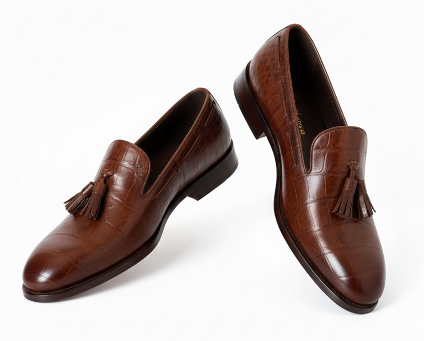 vellè Premium Croc-Embossed Tassel Loafers - Rich Chestnut