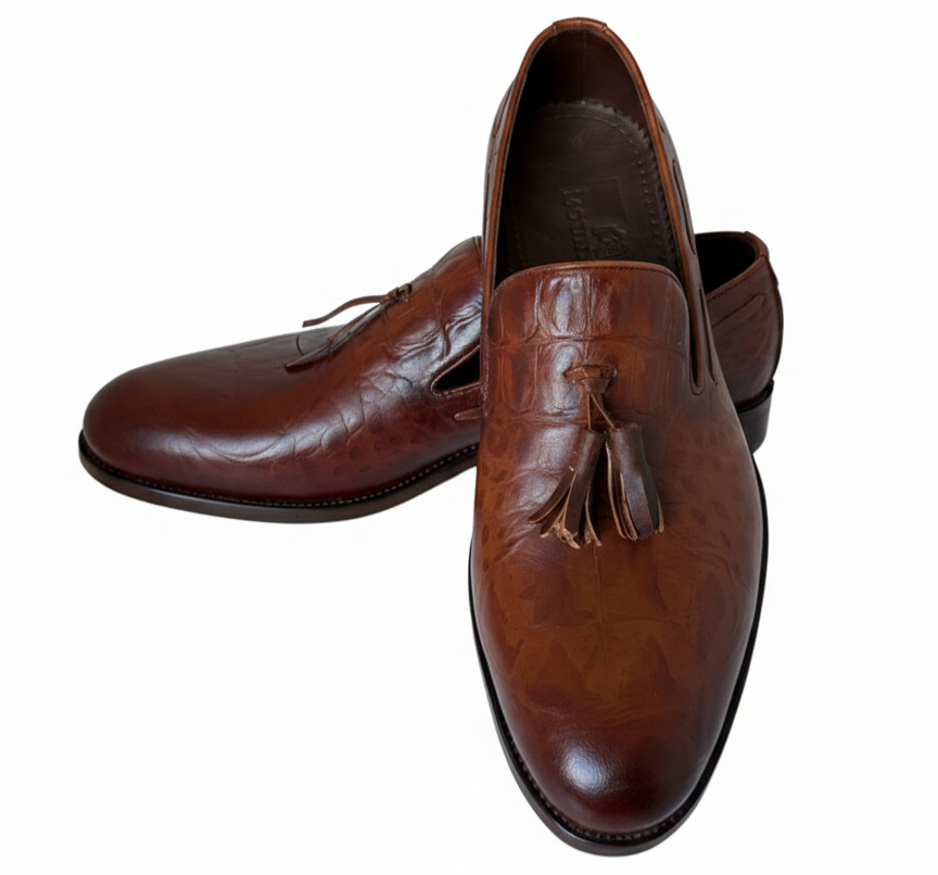 vellè Premium Croc-Embossed Tassel Loafers - Rich Chestnut