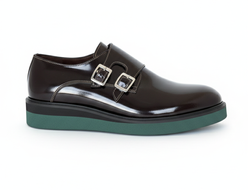 VELLÈ Men's Modern Double Monkstrap Shoes - Burgundy Glossy Leather with Green Sole