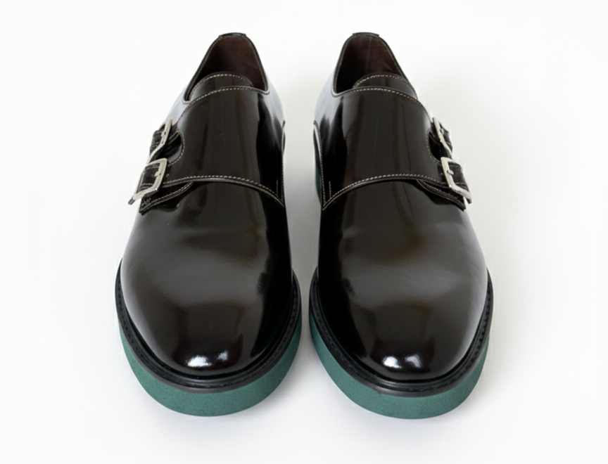 VELLÈ Men's Modern Double Monkstrap Shoes - Burgundy Glossy Leather with Green Sole