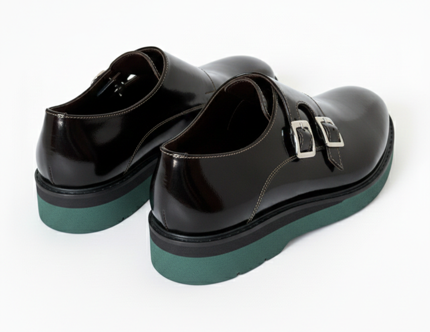 VELLÈ Men's Modern Double Monkstrap Shoes - Burgundy Glossy Leather with Green Sole