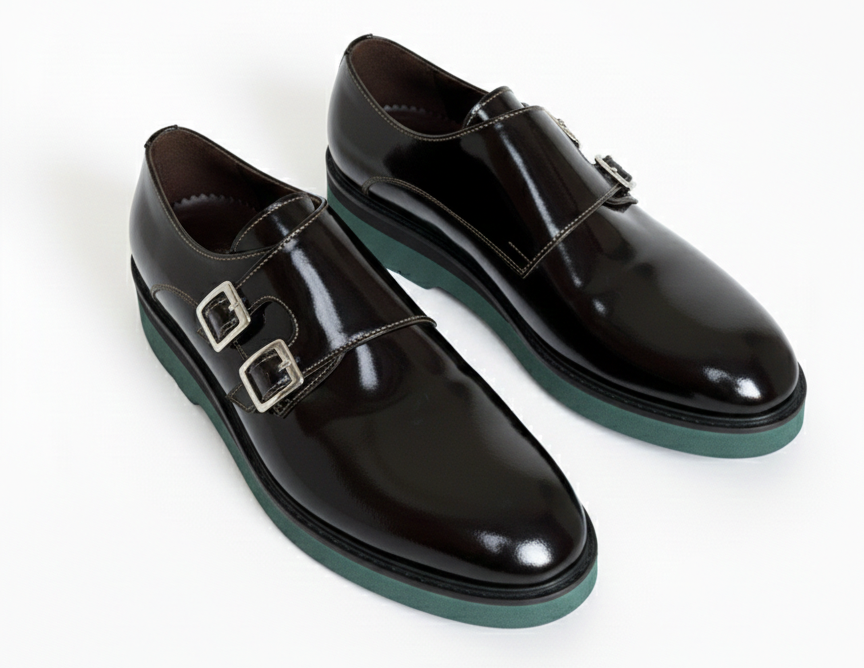 VELLÈ Men's Modern Double Monkstrap Shoes - Burgundy Glossy Leather with Green Sole