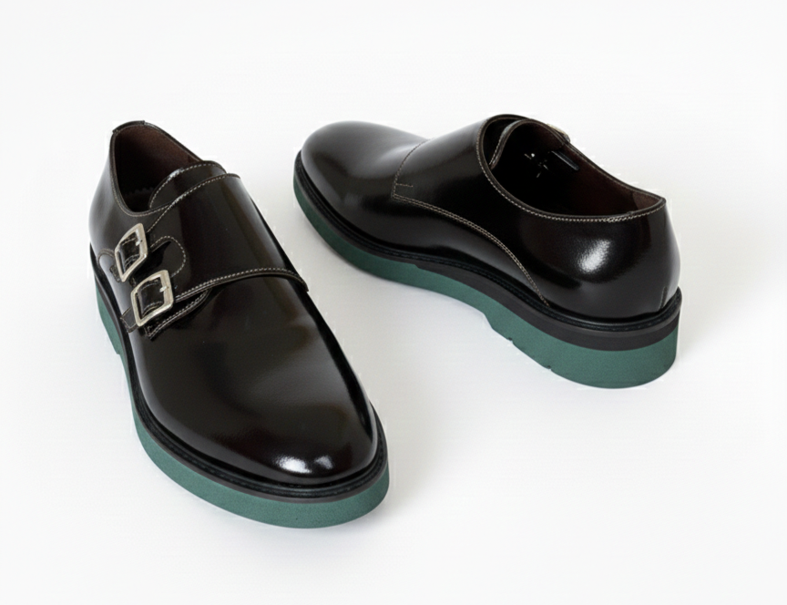 VELLÈ Men's Modern Double Monkstrap Shoes - Burgundy Glossy Leather with Green Sole